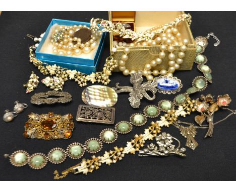 Jewellery - a silver cast and pierced floral panel brooch; others marcasite deft, etc; necklace, ring etc qty  