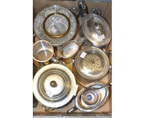 Silver plate - a Victorian biscuit barrel with handle; three piece tea service; novelty snail picks/forks