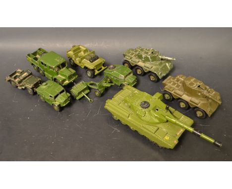 Dinky Supertoys - a Chieftain Tank 683;  a Medium Artillery Tractor 689;  a US Jeep 25Y;  another missing windscreen ;  two F