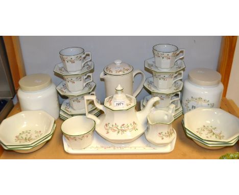 A Johnson Brothers Eternal Beau pattern, six setting coffee service including coffee pot, cups, saucers, biscuit barrel, flow