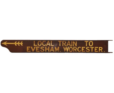 BR(W) wooden Platform Fingerboard, double sided LOCAL TRAIN TO EVESHAM, WORCESTER with feathered arrow at end. Measures appro