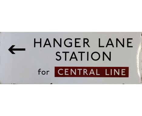 LT enamel Sign 'Hanger Lane Station For Central Line', with left facing arrow beneath, F/F 48in x 18in. In good condition.