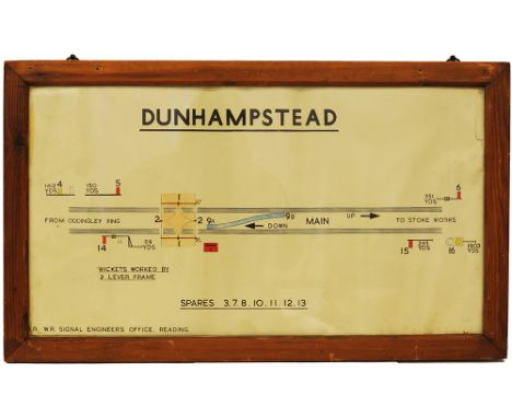 BR Western Region hand-coloured Signalbox Diagram DUNHAMPSTEAD, framed and glazed measuring 29.5in x 17.5in mounted in the fr
