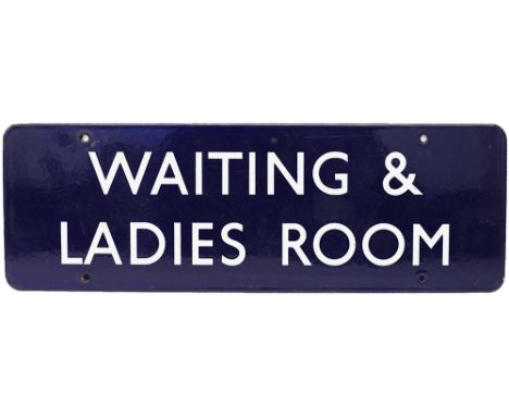 BR(E) enamel Doorplate WAITING & LADIES ROOM. Measuring 18in x 6in and In good condition.