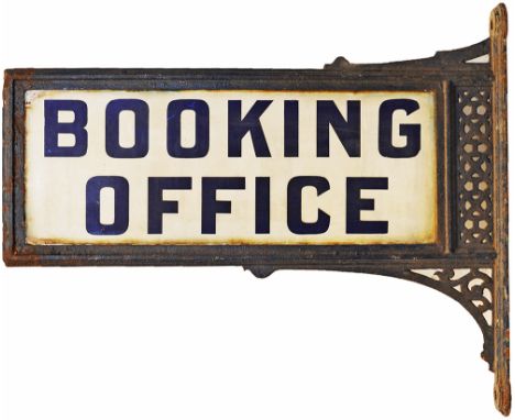 Glasgow & South Western Railway enamel Sign BOOKING OFFICE, double sided blue on white ground. Complete with ornate cast iron