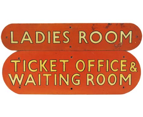 BR(NER) tangerine painted Doorplates with black edge lettering, a pair comprising: LADIES ROOM measuring 18 x 3.5 inches; TIC