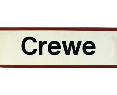 Modern Station Sign CREWE. Screen-printed black lettering on white ground with maroon stripe top and bottom measuring 37 x 13