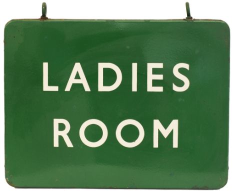 BR(S) enamel Platform Sign LADIES ROOM double sided 24in x 18in dark green. In original condition with original hanging hooks