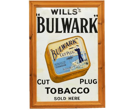 Advertising enamel Sign 'Wills Bulwark Cut Plug Tobacco Sold Here' Nicely mounted in a wooden frame measuring 28in x 40in. So