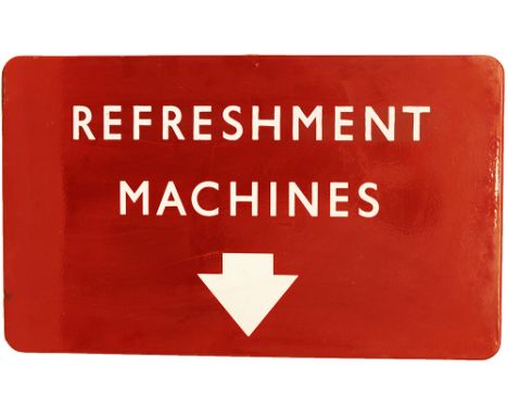 BR(M) enamel Station Platform Sign REFRESHMENT MACHINES with downward pointing arrow, F/F. Some restoration to the white lett