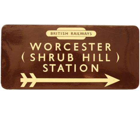BR(W) Station Direction Sign with British Railways Totem at top WORCESTER (SHRUB HILL) STATION and right facing arrow, 28in x