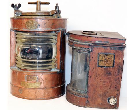 A pair of Ships Lanterns. The first is a substantial lamp bearing the makers plate 'Wm Harvie & Co 121 Bishop St., Birmingham