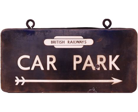 BR(E) double sided enamel Station Forecourt Sign CAR PARK with arrow beneath, British Railways totem above. Measures 28in x 1