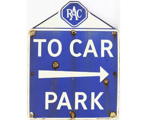 RAC enamel sign TO CAR PARK with right facing arrow. Measuring 28in x 21in. In good condition.