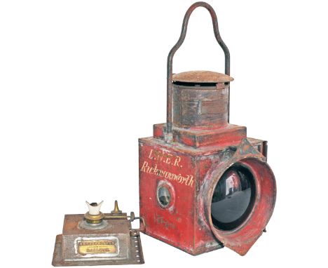 Metropolitan Railway Engine Tail Lamp with fully titled brass plate affixed to main body and also to the reservoir. In origin