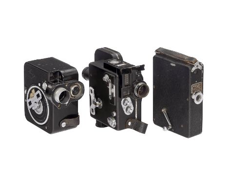Kameras für 9,5mm-Filme, um 1935  1) Eumig, Wien. Eumig C1, Kamera für 9,5mm-Filme in Pathé-Kassette. Objektiv: Meyer 2,8/20 