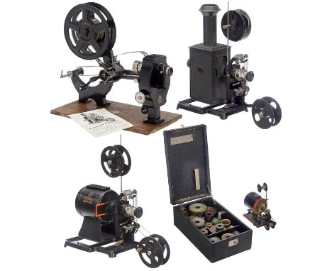 3 Tisch-Kinematographen Ernemann 35 mm  Ernemann, Dresden. 1) Ernemann Kinoptikon, um 1912, Filmprojektor mit Schläger-Transp