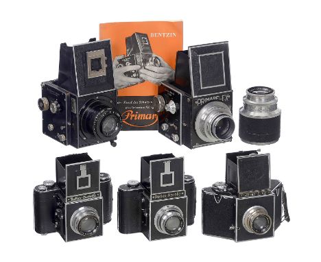 5 frühe deutsche 6x6-SLR-Kameras  Alle für 120er-Film. 1) Beier, Freital. Beier-Flex 1, um 1938, Victar 2,9/7,5 cm, Kamera oh