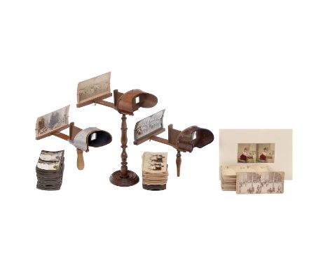 3 Stereobetrachter und Stereokarten  Alle für 9 x 18 cm. 1) Holmes-Stereoskop auf Ständer, Prismen. – 2) Holmes-Hand-Stereobe