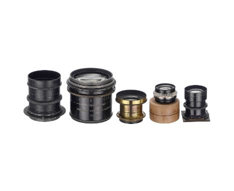 5 Großformat-Objektive für die Formate 13 x 18 bis 18 x 24 cm  Alle Optiken unter Punktlicht gut bis sauber. 1) Voigtländer, 