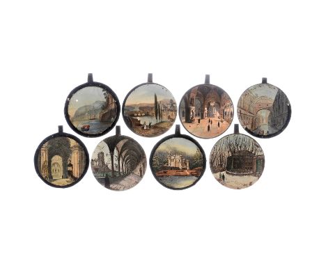 8 Bilder für La Lorgnette Pittoresque, um 1850  8 Original-Bilder, Maße von 8 cm Durchmesser, für Tag-und-Nacht-Effekte, gute