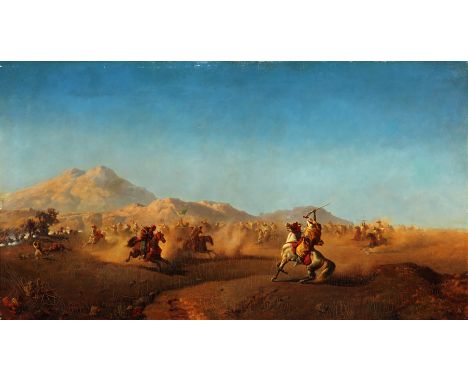 HENRIC ANKARCRONA (Sweden, 1831-1917). "Equestrian scene at the foot of the Atlas Mountains, North Africa", 1872. Oil on canv