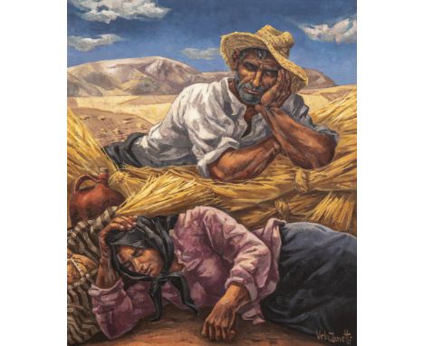 JOSÉ VELA ZANETTI, (Milagros, Burgos, 1913 - Burgos, 1999). "Peasants resting after the harvest". Oil on canvas. Signed in th