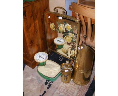 Vintage Weighmaster Scales, a fire screen, brass coal scuttle and kettle 