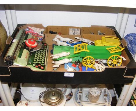 A vintage 1950's Mettoy tinplate typewriter, together with assorted lead figures and other toys  CONDITION REPORT Our team of