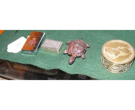 Various collectables including silver snuff box, novelty tortoise tape measure