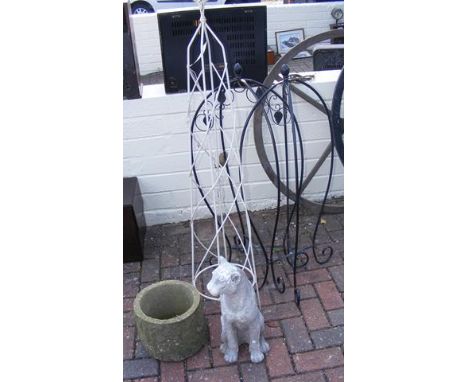 Assorted plant climbers, a concrete garden planter and a big cat statue 