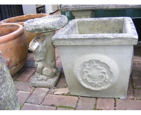 A square concrete planter, together with small birdbath 