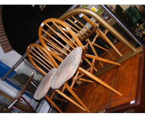 A pair of light wood kitchen chairs, together with a gilt framed overmantel 