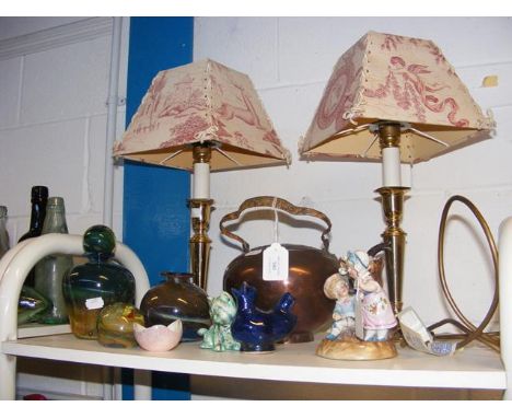 A pair of table lamps, copper kettle, collectable glass and ceramics 