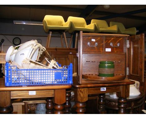 An oak cased smoker's companion, together with hanging oil lamp 
