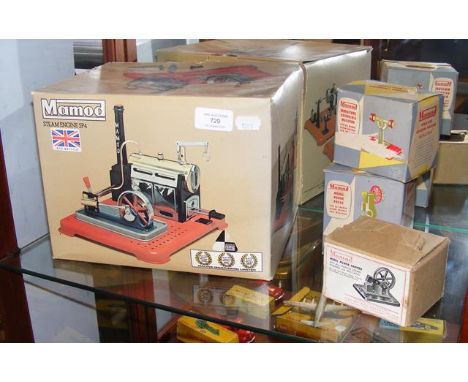 A Mamod SP4 Steam Power Engine, together with Mamod Miniature Grinding Machine, Model Power Press and Model Power Hammer  