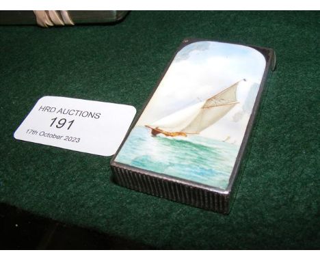 A silver and enamel vesta case by Mordan, the enamel front with sailing yacht - 5.7cm x 3.2cmCONDITION REPORTsigns of loss as