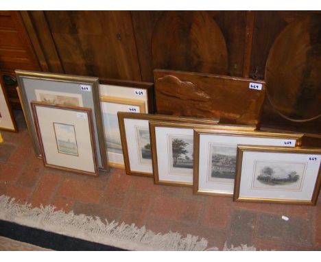 Four coloured engravings of Isle of Wight scenes, together with four other pictures and a copper Aboriginal plaque  