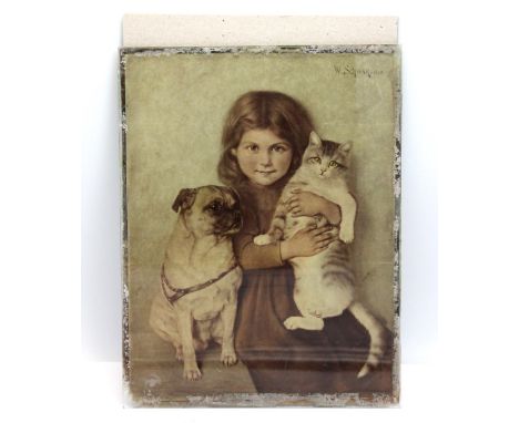 W. Schwar, 1898, coloured print on coloured glass of a young girl with a cat and dog, and to reverse a copy in oil of the sam