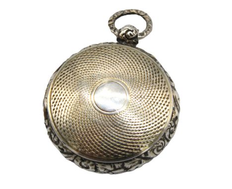A George IV silver vinaigrette, of cushioned circular shape, with engine turned decoration, hinge opening to reveal hinged gi