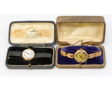 Two ladies 9ct gold cased wristwatches, including a rose gold version with octagonal case approx 25mm, to a rose metal strap 