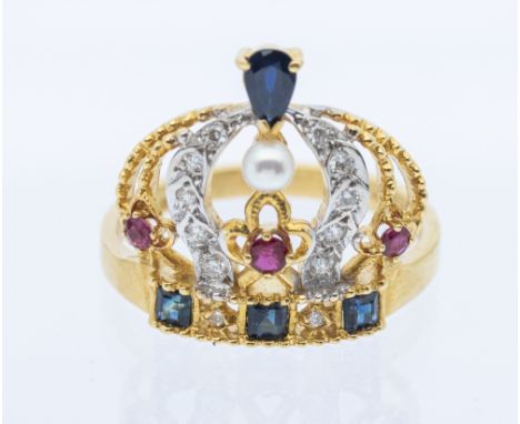 A ruby, diamond and sapphire set 18ct gold 'Imperial Crown Ring' designed by Her Imperial Highness  Archduchess Michaela Von 