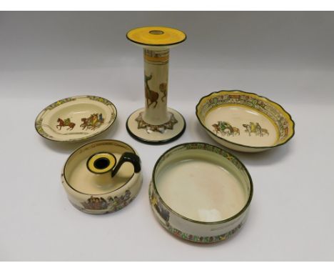 5 x Royal Doulton series ware Canterbury Pilgrims , glaze frits to rim of candlestick , all others in good condition with no 