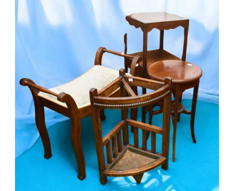 Small collection of furniture to include a piano stool, a stick stand, a small side table and a nightstand, all 20th century.