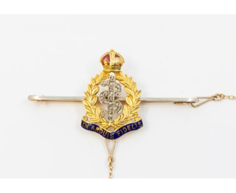 An early 20th century Royal Army Medical Corps 15ct gold, diamond and enamel sweetheart brooch, comprising rod of Asclepius w