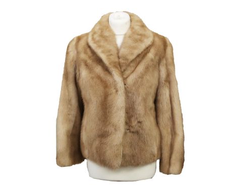 A mink fur short jacket with a woven decorative button, fully lined in beige colour mink, peter pan collar, petite size (10-1