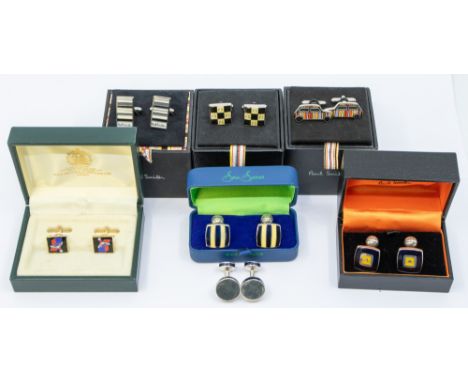 A collection of designer cufflinks to comprise three pairs of hallmarked silver and enamel cufflinks with bar fittings, inclu