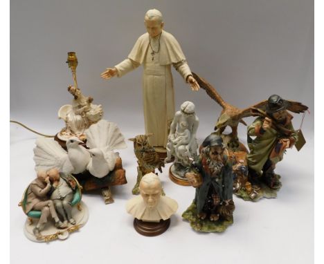 A collection of capodimonte figures to include 2 birds of prey figures , a figure of doves on a branch, a Pope John Paul II &