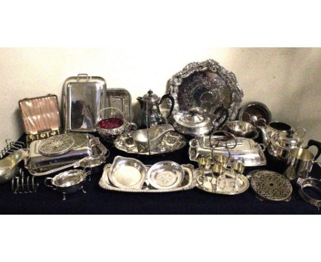 A quantity of silver plated items to include; a Sheffield EPNS plated canteen of cutlery; salver; tea pot stands; egg cup sta