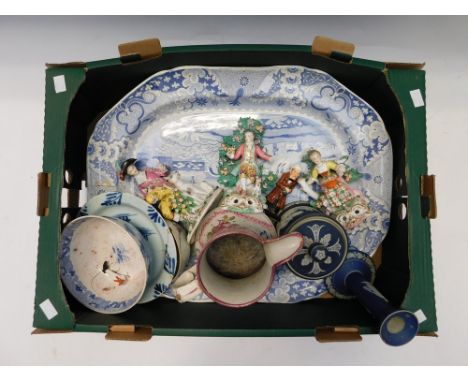 A large 19th Century blue and white meat plate, an 18th Century Chinese blue and white bowl, early tin glaze plate, 19th Cent